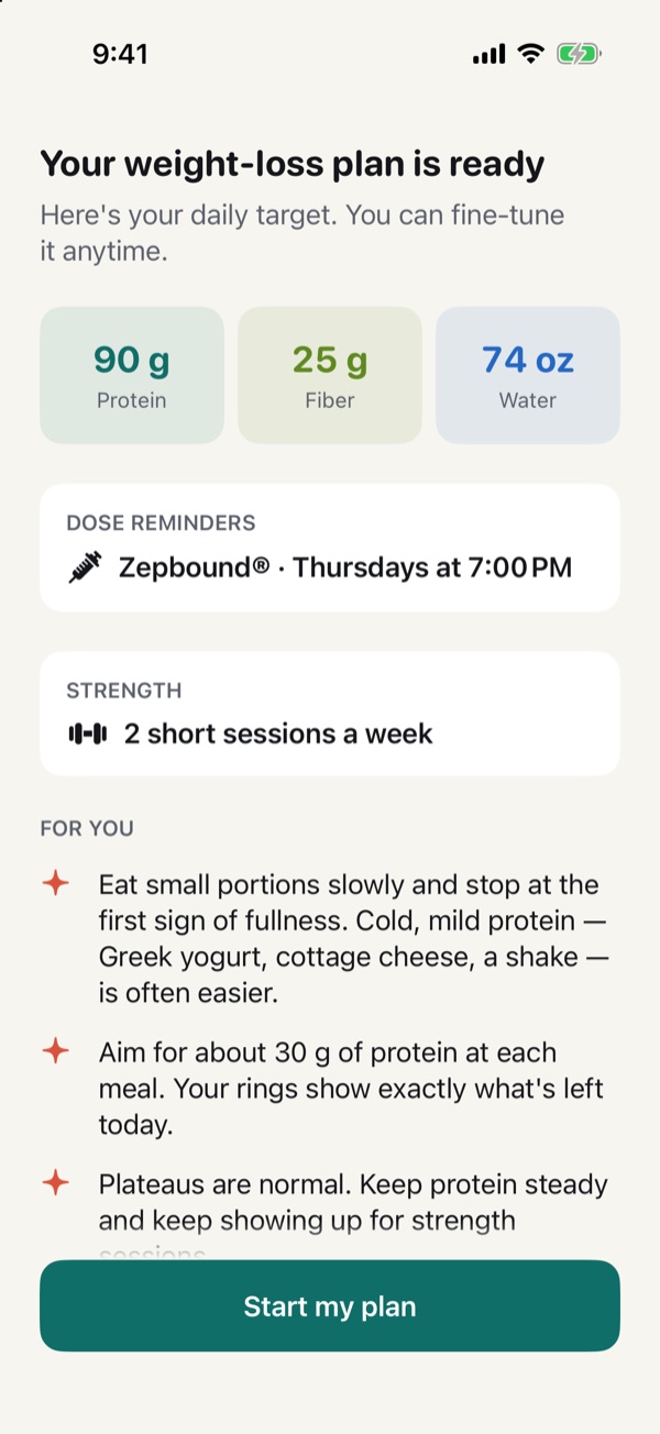Personal plan with protein, fiber and water targets